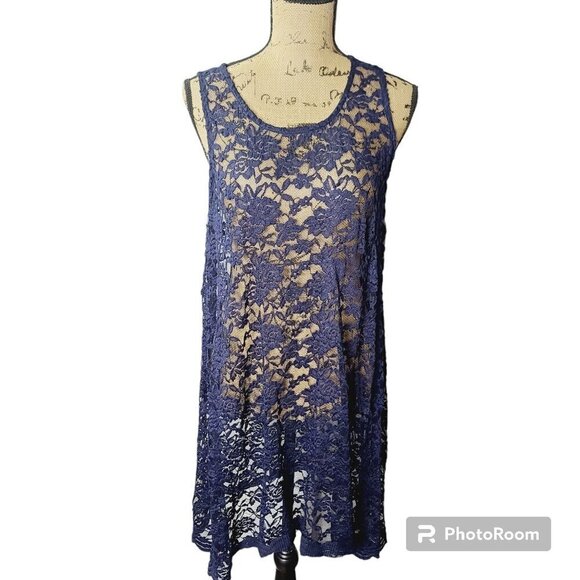 Navy Blue Sheer Lace Romantic Boho Massini Dress Large - Picture 1 of 9